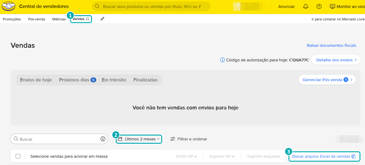 Tela de Vendas da Central de Vendedores, com o menu Vendas, o filtro de período e o botão de baixar arquivo Excel destacados