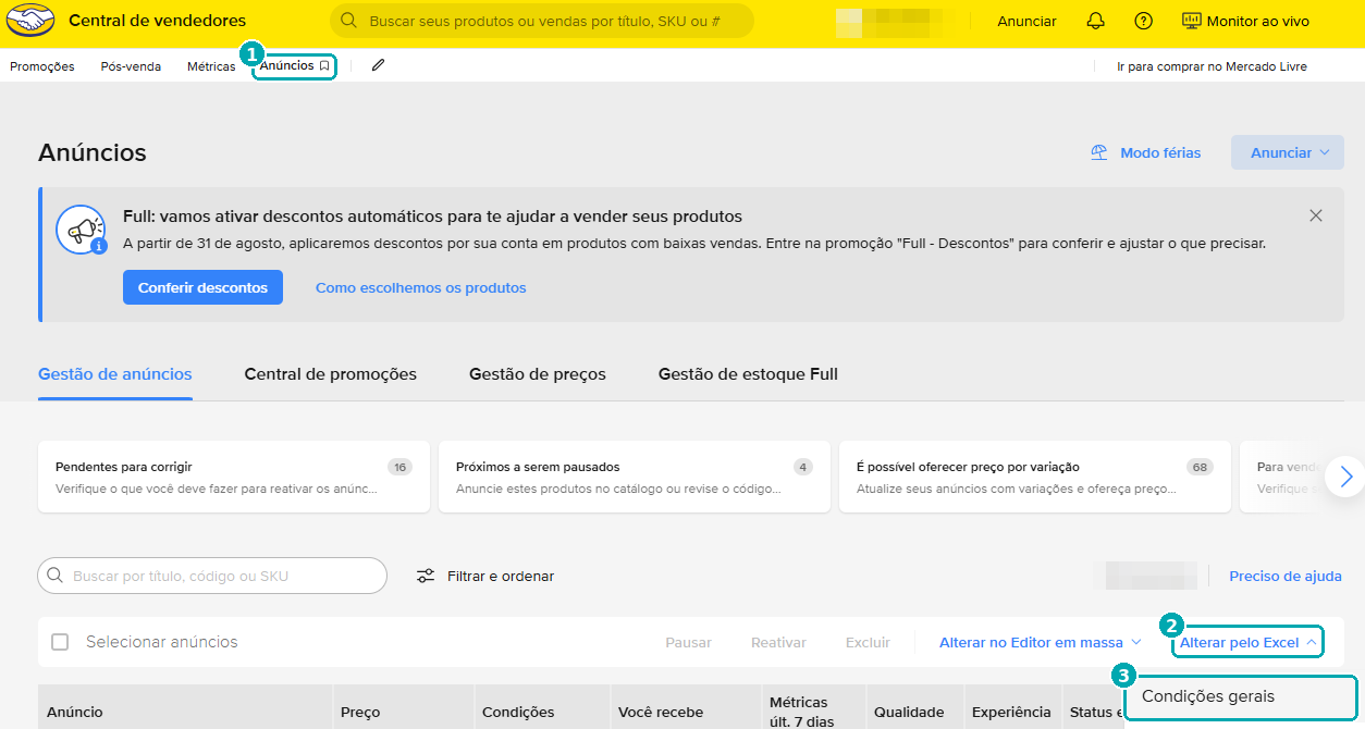 Tela de Anúncios com o menu Anúncios, o botão Alterar pelo Excel e a opção Condições gerais destacados