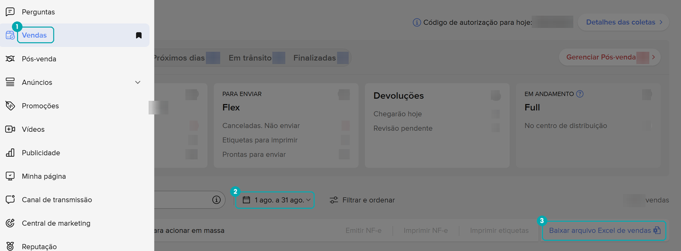 Tela de Vendas da Central de Vendedores com o menu Vendas, o filtro de período de 1 a 31 de agosto e o botão de baixar arquivo Excel destacados
