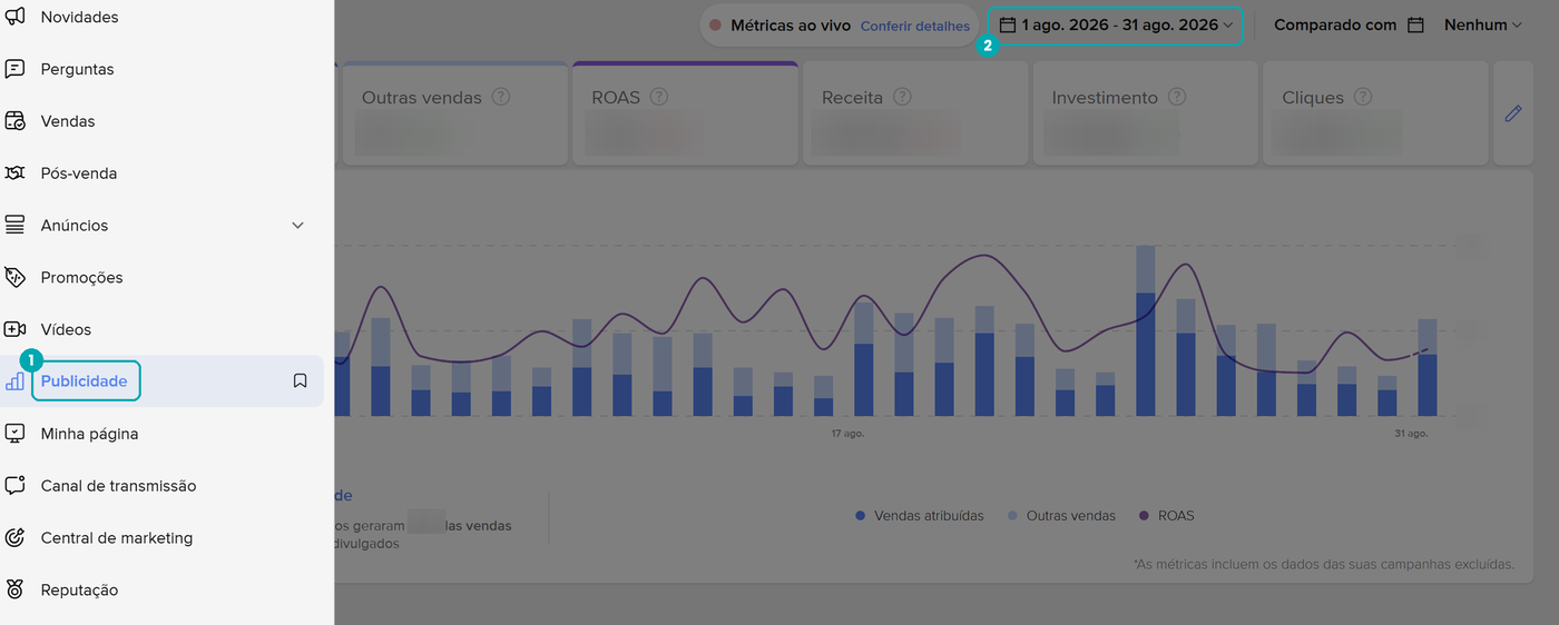 Tela de Publicidade do Mercado Ads com o menu Publicidade e o período de 1 a 31 de agosto destacados; os valores aparecem borrados